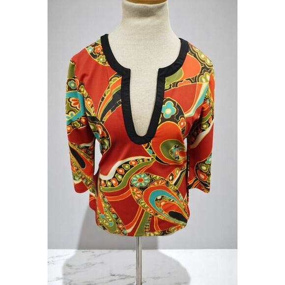 Vintage Athleta Y2K Psychedelic Floral Blouse – Size S – Deep V-Neck Stretch Top - Picture 5 of 8